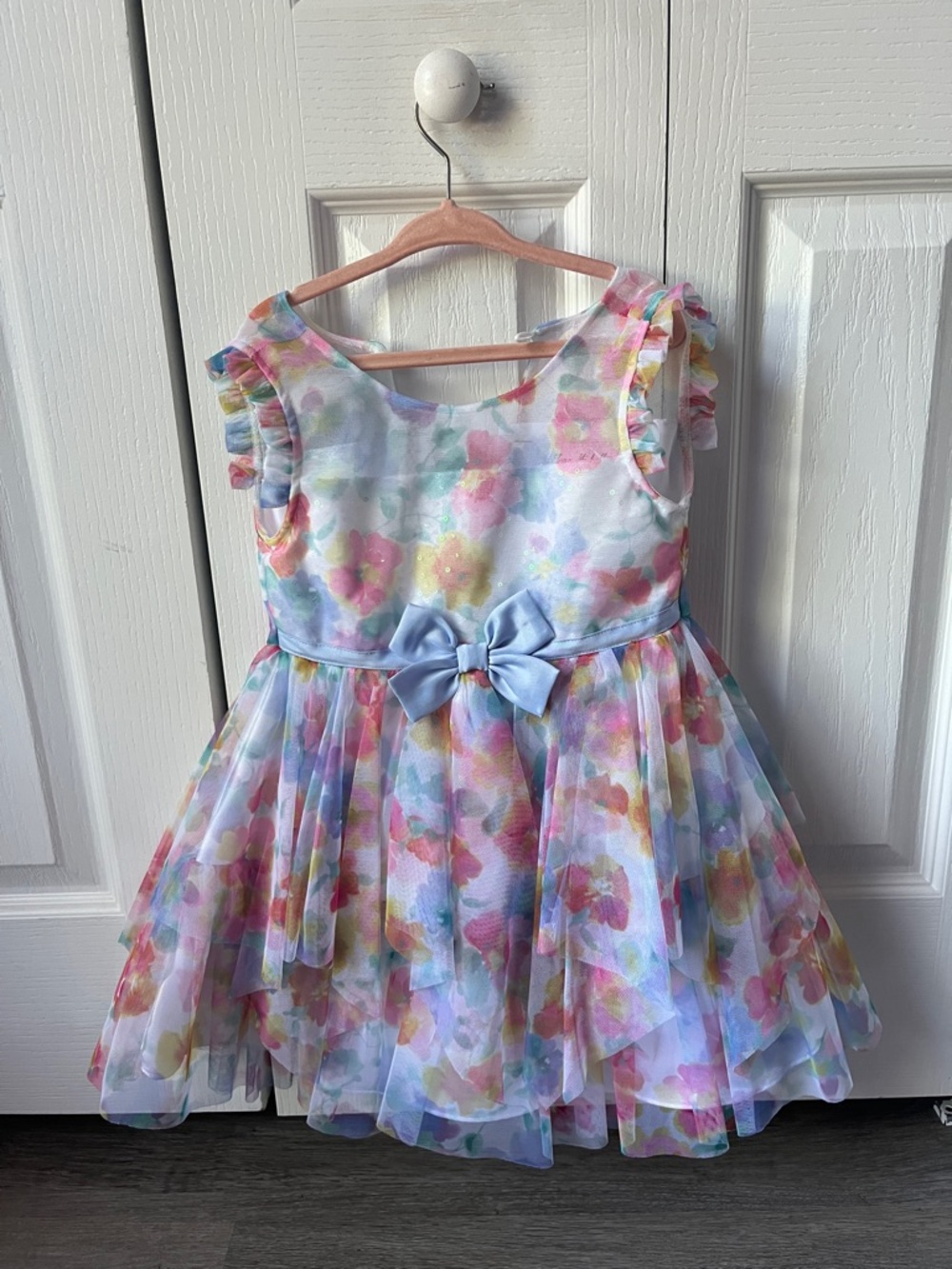 Jona Michelle Pastel Floral Party Dress with Blue Bow
